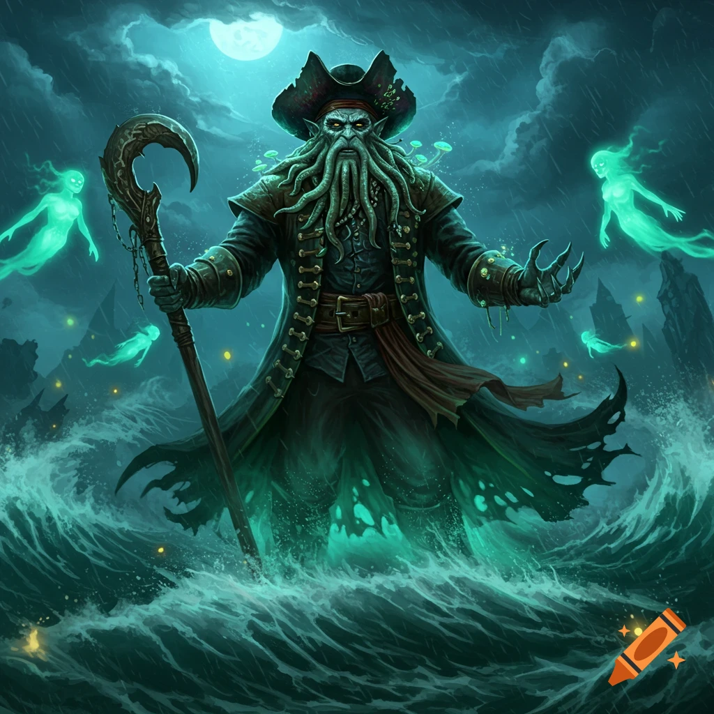 A monstrous pirate captain with tentacles for a beard and glowing eyes stands in a stormy sea surrounded by ghostly figures under a full moon.