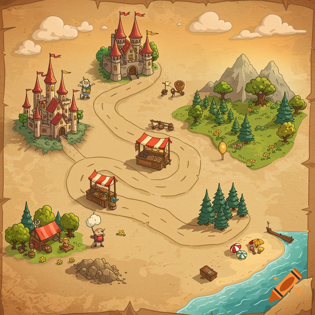 A playful, illustrated fantasy roadmap featuring two castles, market stalls, forests, mountains, and a beach.