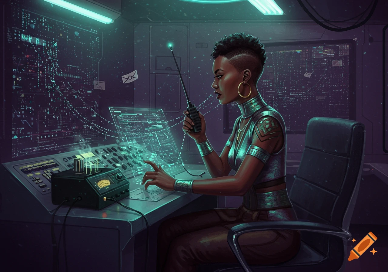 An Afrofuturist woman in a futuristic control room operates a console with glowing holographic screens and a radio.