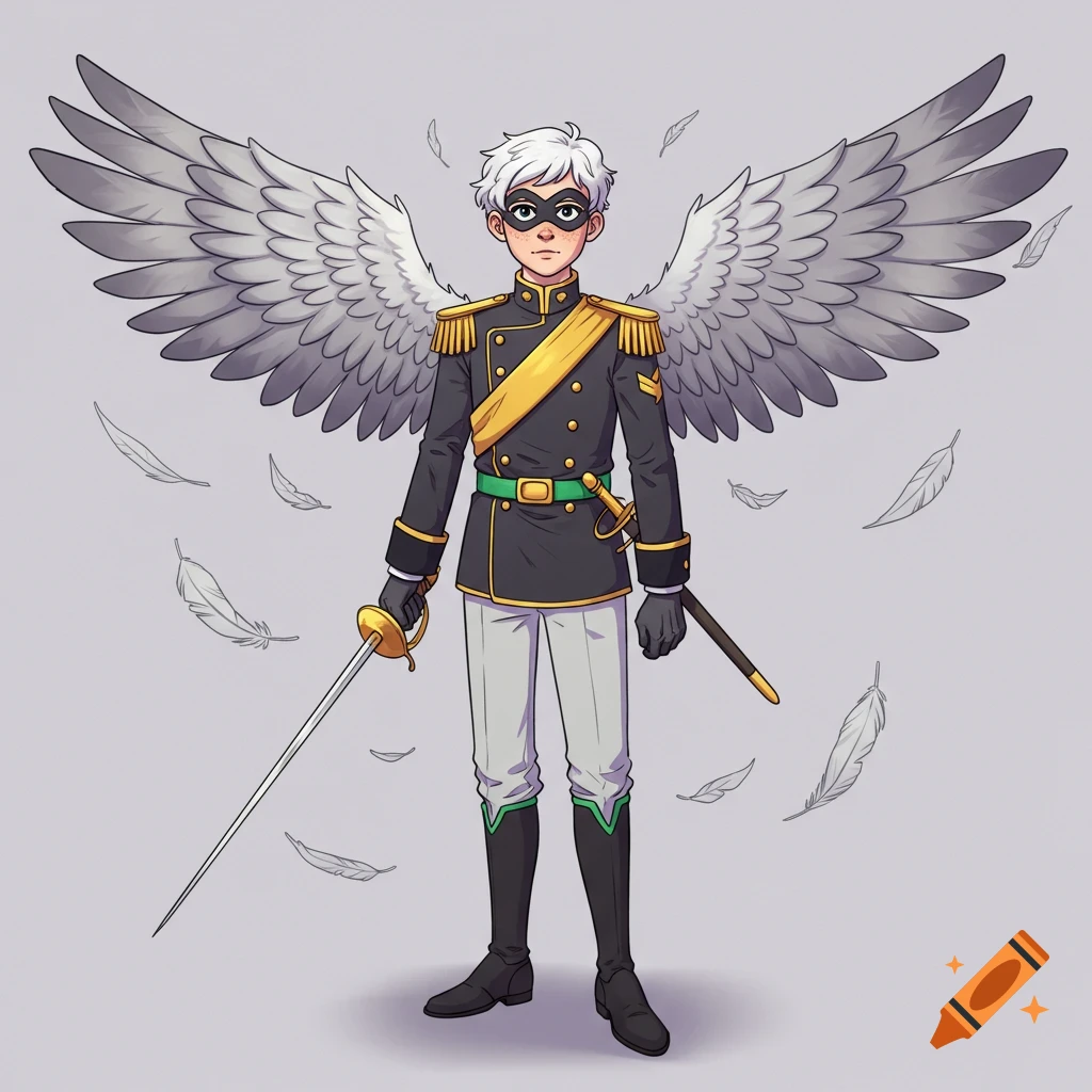 A cartoon male superhero with white hair, domino mask, military uniform, and large gray wings stands with a rapier.
