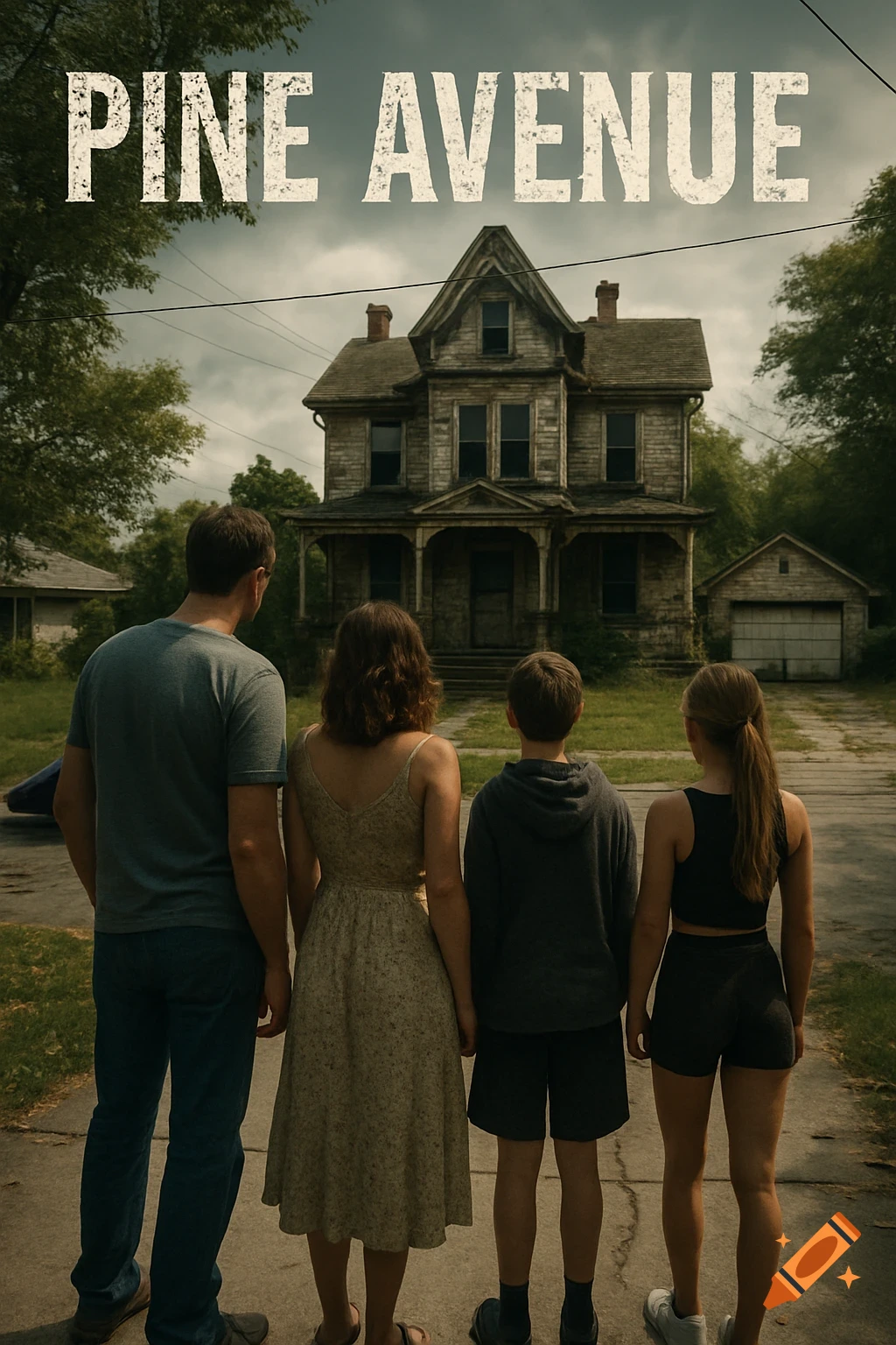Four people, a family, stand with their backs to the viewer, looking at an old, dilapidated Victorian house under the title 'PINE AVENUE'.