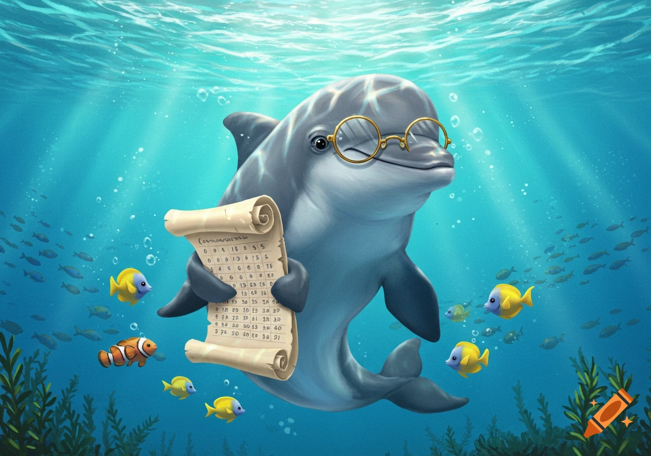 A cartoon dolphin wearing glasses holds a scroll with garbled text underwater, surrounded by fish.