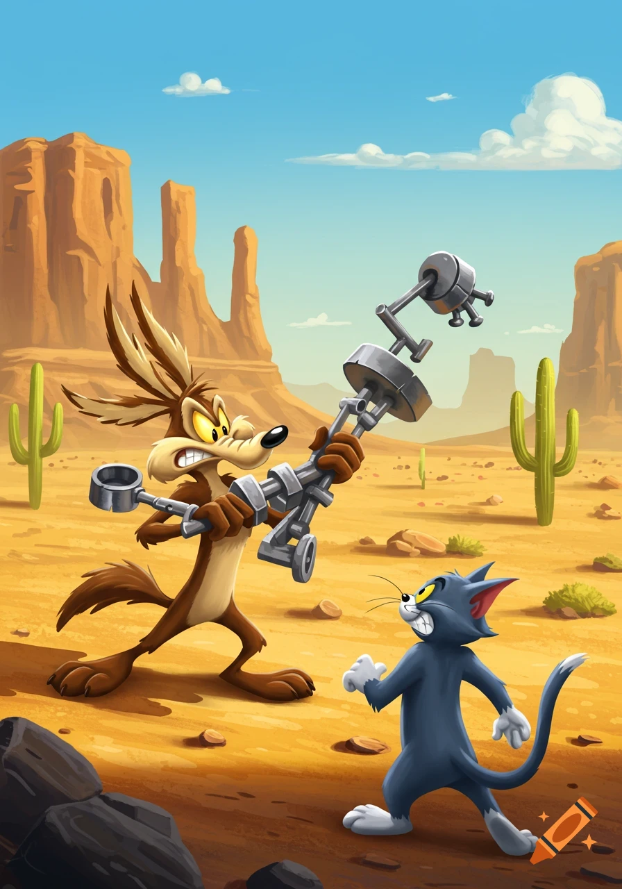 Wile E. Coyote holding a contraption, facing Tom Cat in a cartoon desert landscape with mesas and cacti.