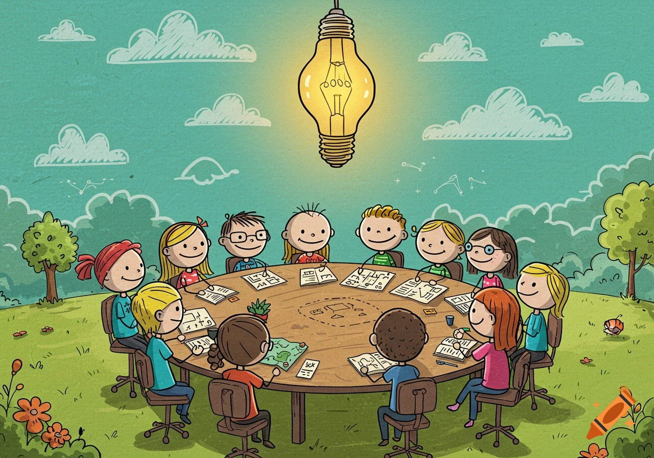 Cartoon illustration of a group of children sitting around a large round table, under a glowing lightbulb, engaged in a meeting.