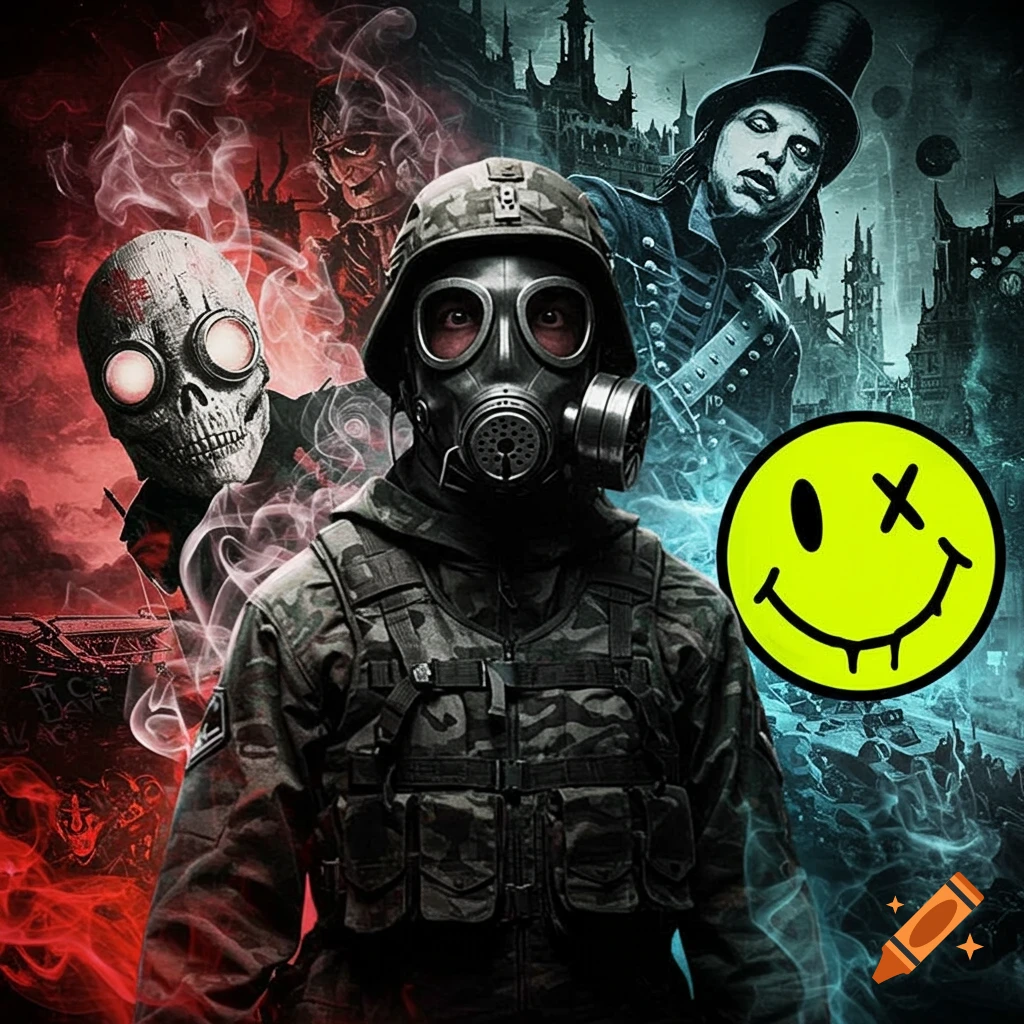 A soldier in a gas mask and camouflage stands against a background of gothic buildings, red and blue smoke. A skull with glowing eyes and a figure in a top hat appear behind. A yellow blink-182 smiley face symbol is to the right.