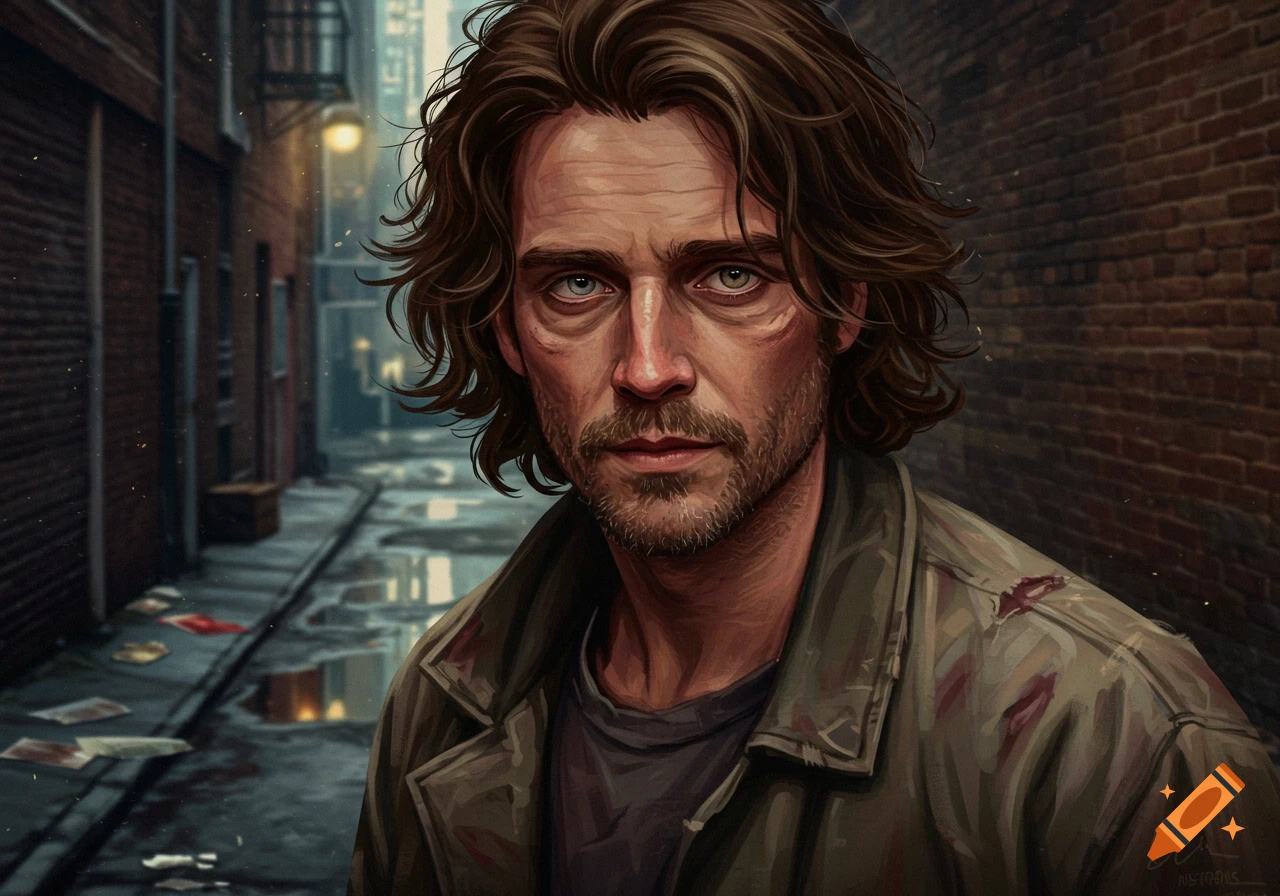 A close-up, highly detailed portrait of a man with long brown hair and a beard, wearing a worn jacket, standing in a dim, wet city alley. The art style is realistic.