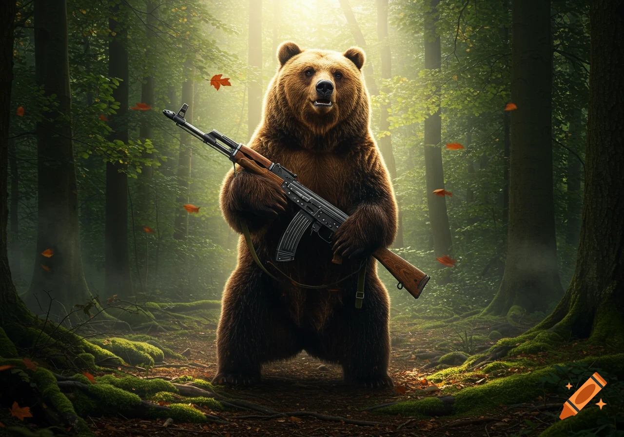 A brown bear stands upright in a sunlit forest, holding an AK-47 rifle.