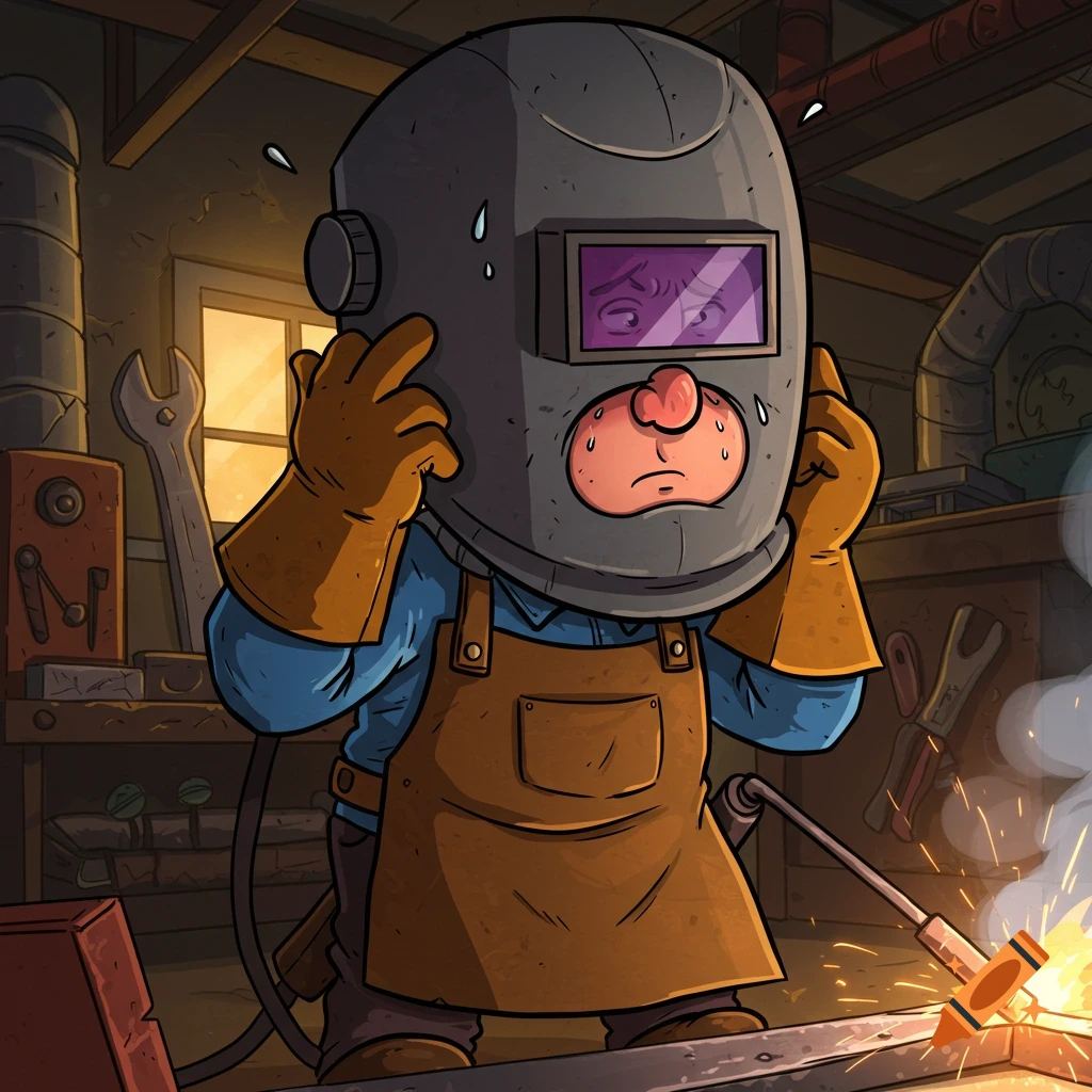 A distressed cartoon welder in a large helmet sweats while welding in a workshop.