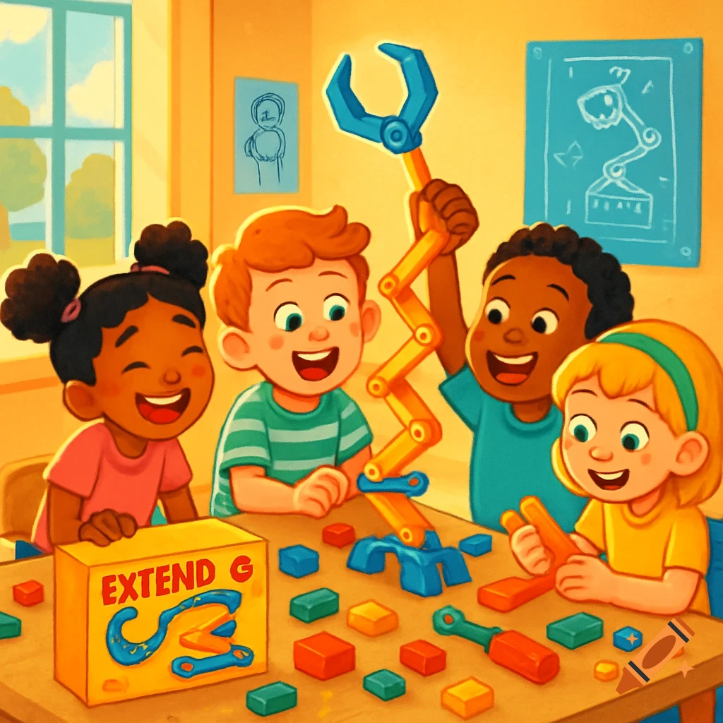 Four diverse children happily building a yellow and blue robotic toy on a table, surrounded by colorful blocks. Cartoon style.