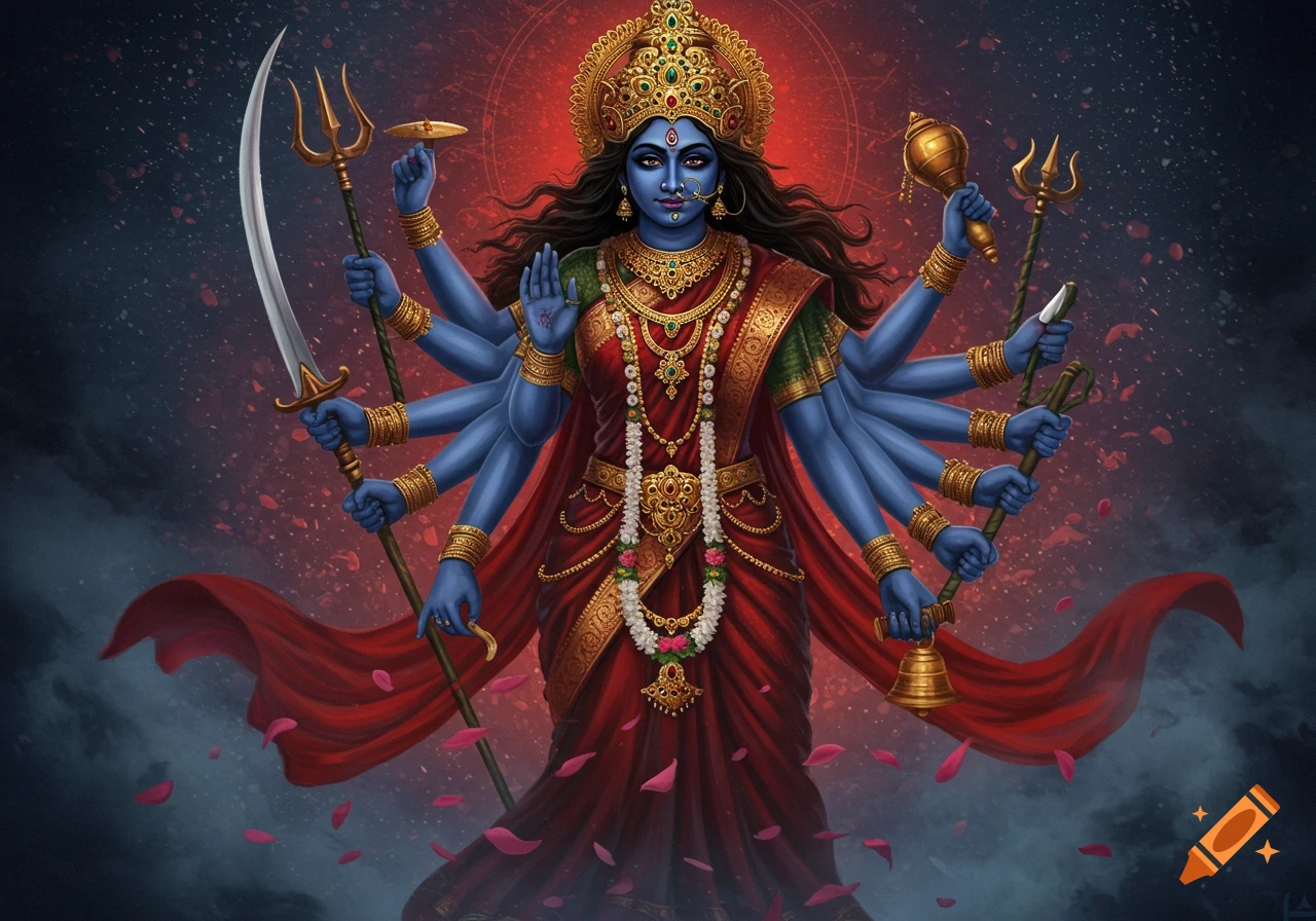 A vibrant illustration of the multi-armed Hindu goddess Mahakali with blue skin, adorned in red and gold, holding various symbols.