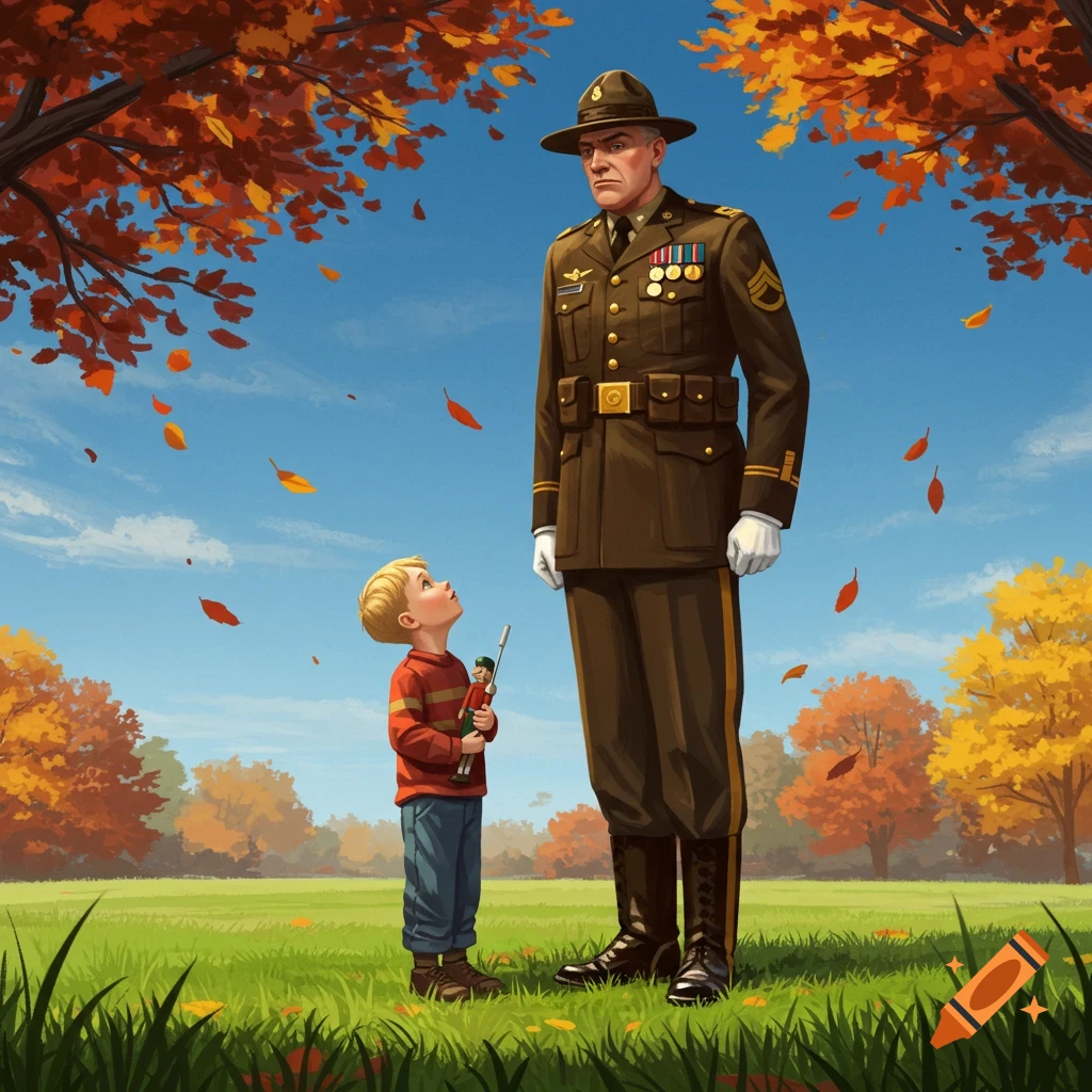 An illustrated drill sergeant in uniform standing over a small boy holding a toy soldier in an autumn park.