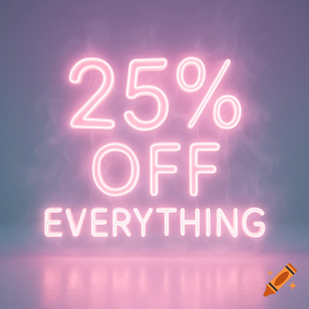 Pink neon sign displaying '25% OFF EVERYTHING' against a smoky purple background.