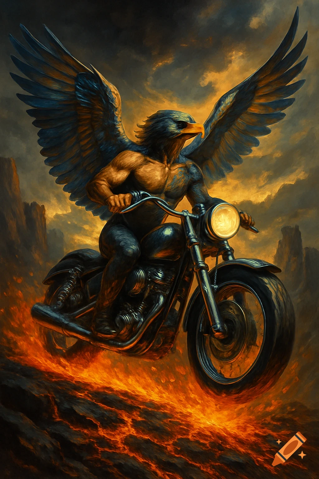 A fantasy image of an eagle-headed, muscular man with large wings riding a motorcycle through a fiery landscape under an ominous sky.