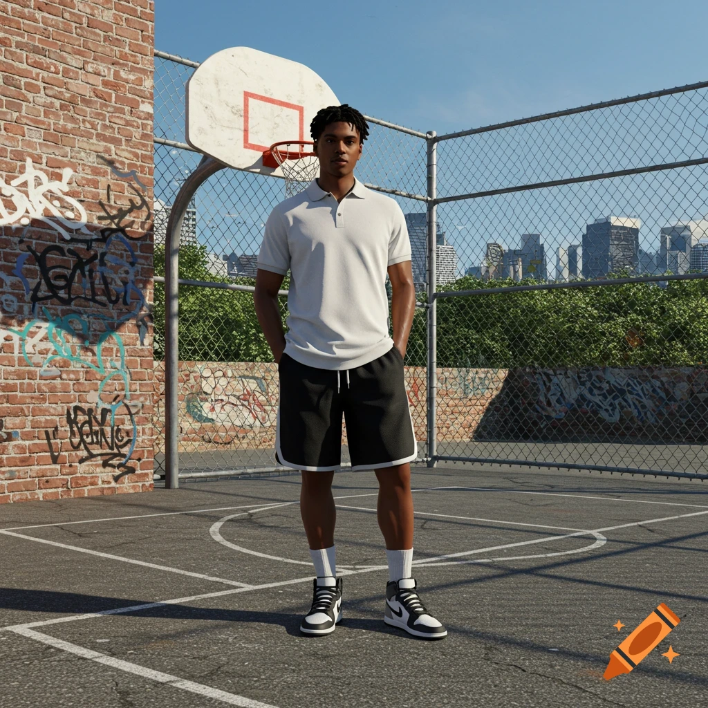 A man in a white polo shirt, black basketball shorts, and black and white sneakers stands on an outdoor basketball court.