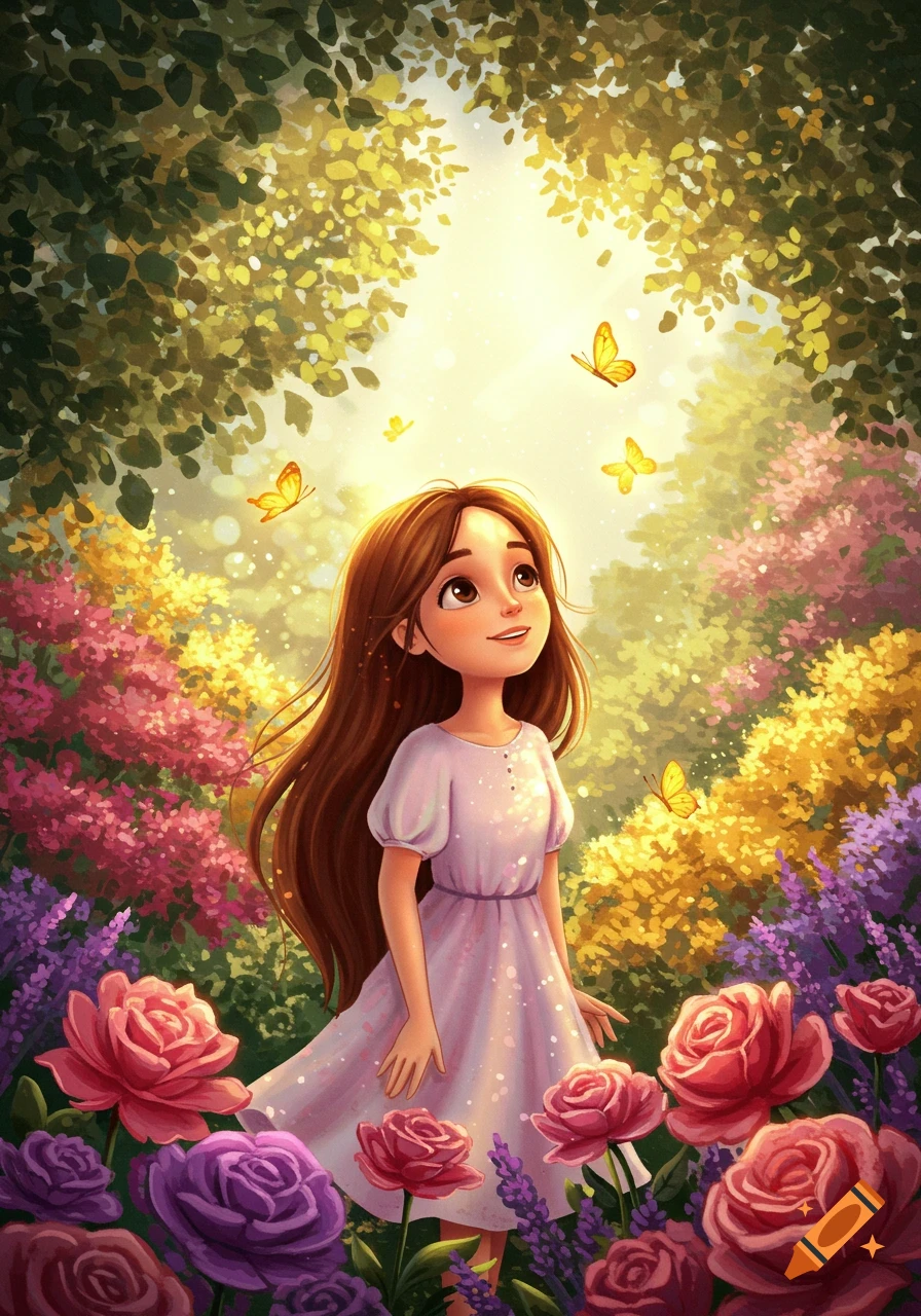 A cartoon girl with long brown hair looks up happily in a lush garden filled with colorful flowers and butterflies.