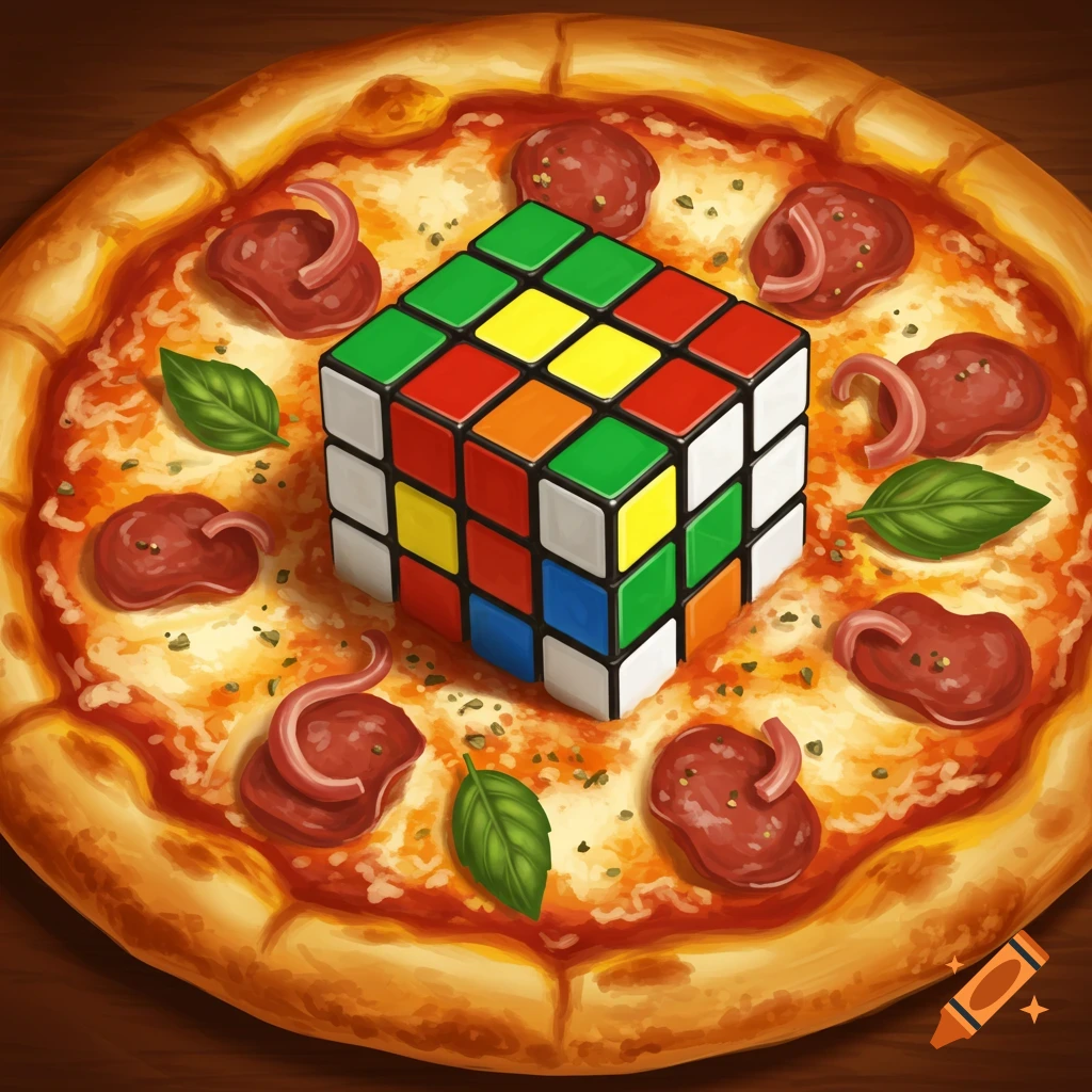 A colorful Rubik's cube sits on a cheesy pizza with tomato sauce, pepperoni, and basil leaves in a detailed, illustrative style.