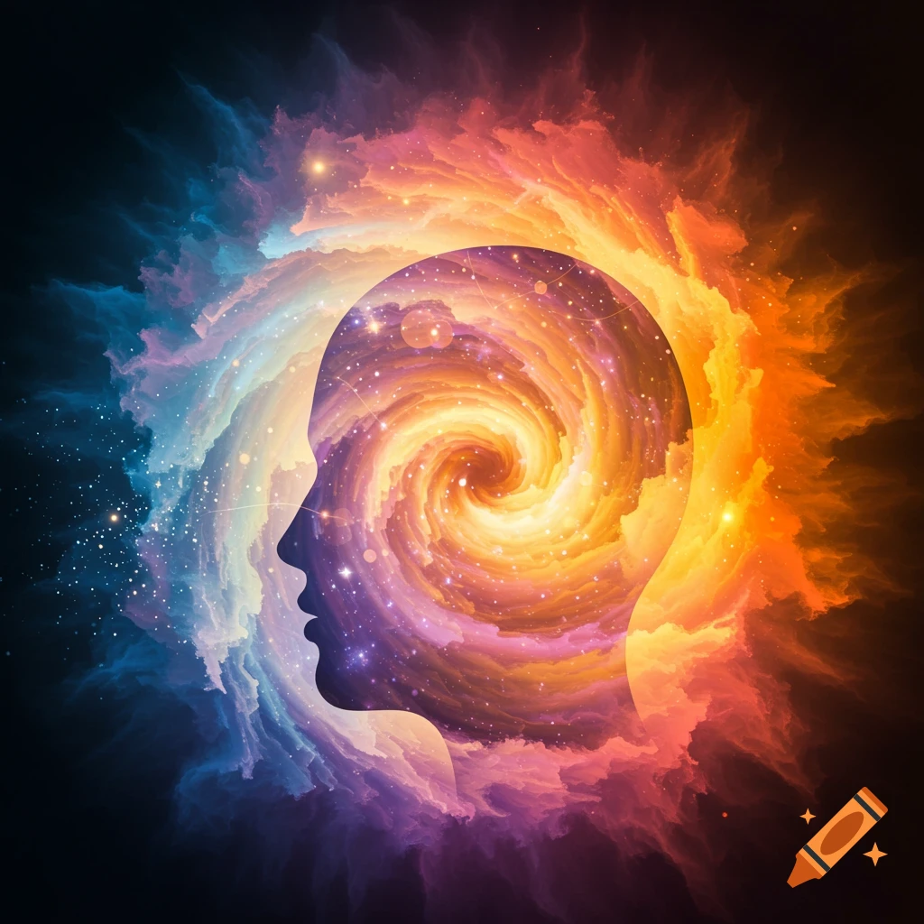 A silhouette of a human head filled with a swirling, colorful galaxy nebula, set against a vibrant cosmic background.