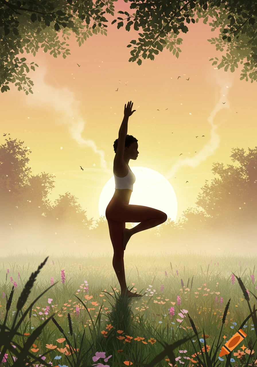 Illustration of a Black woman in a yoga pose at sunrise in a field of wildflowers.