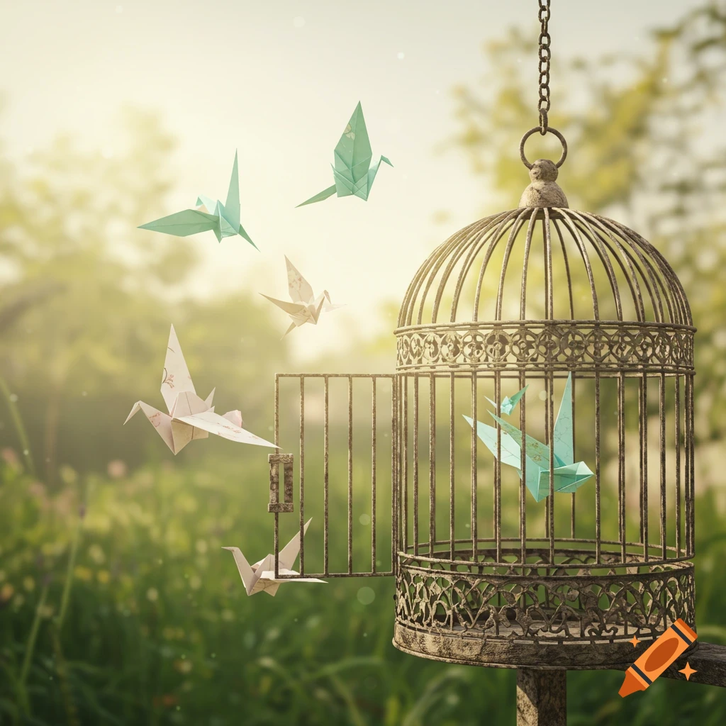 An antique bird cage with its door open, as several green and white origami cranes fly out into a bright, soft-focus natural setting.