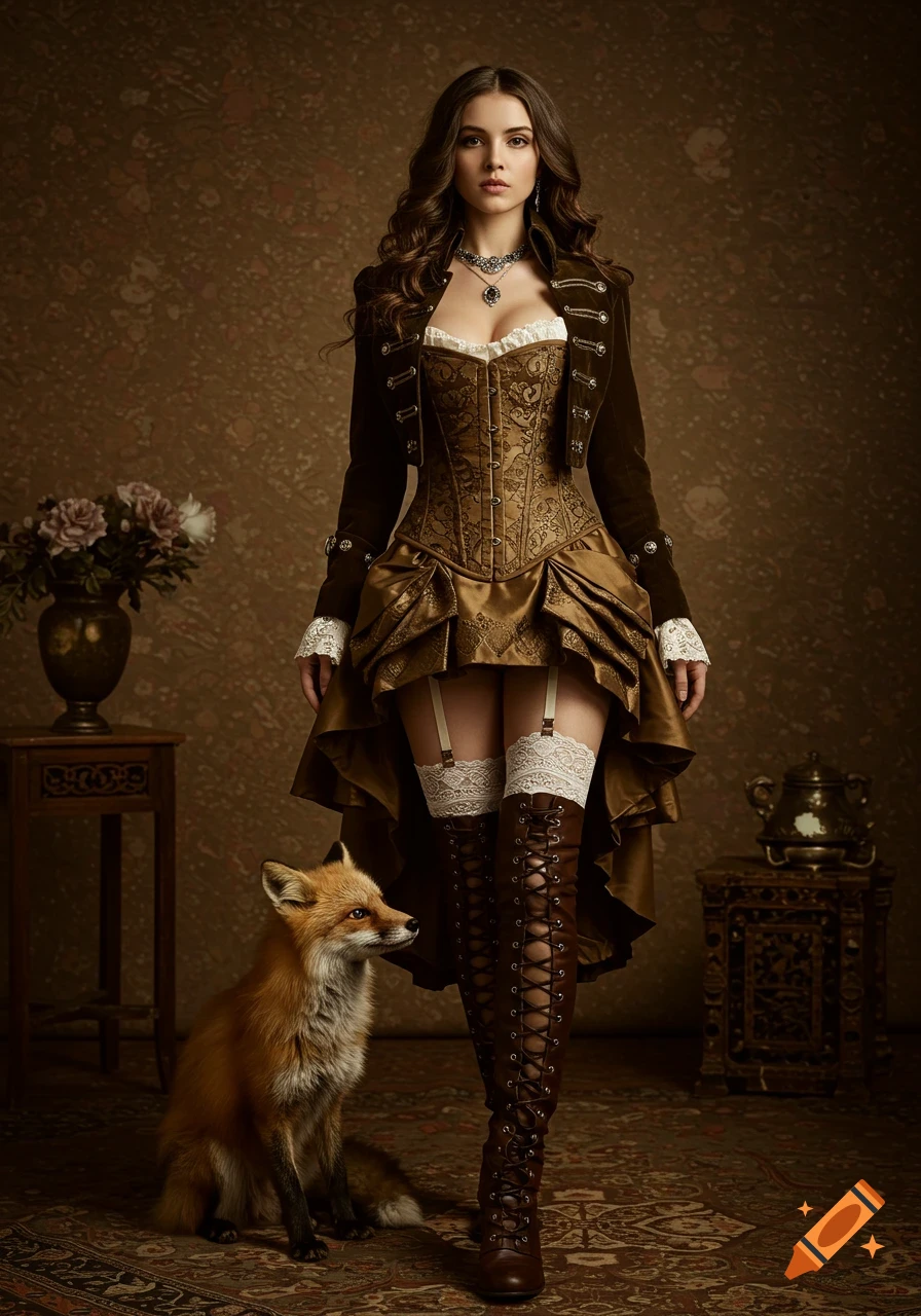 A woman in a detailed steampunk outfit featuring a corset, jacket, and laced boots stands next to a fox.