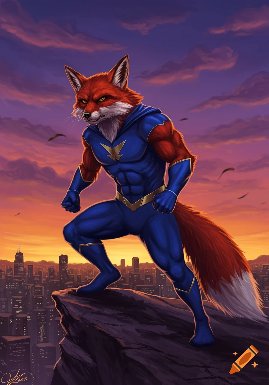 A muscular anthropomorphic fox superhero in a blue and red suit stands on a cliff overlooking a city at sunset.