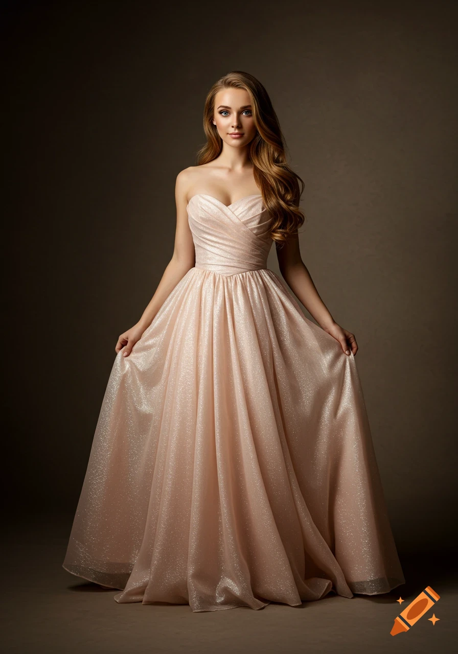 A photorealistic portrait of a young woman with long wavy hair, wearing a strapless, sparkling, blush pink gown.