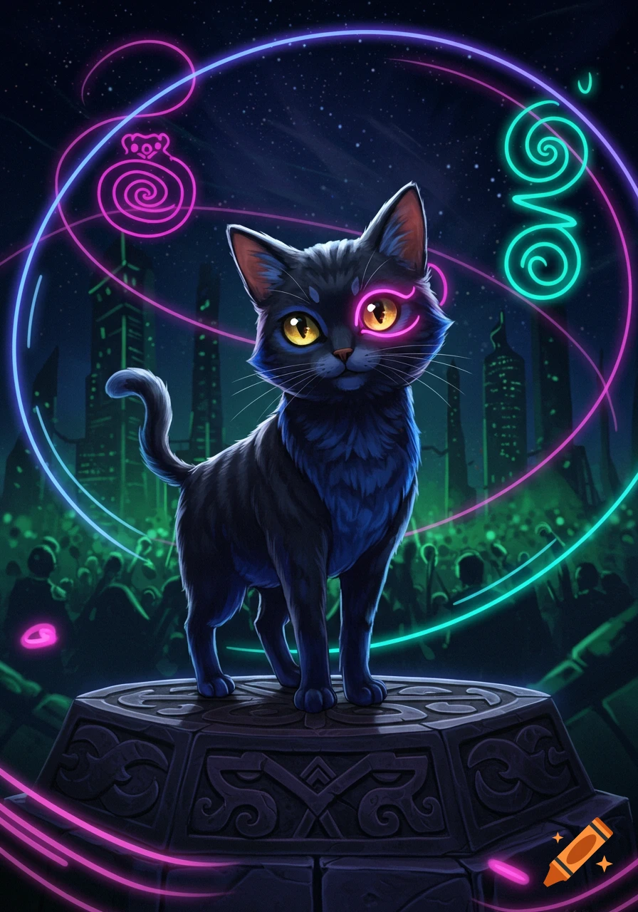 A stylized black cat with one glowing pink eye stands on a pedestal surrounded by neon lights, a city skyline, and a crowd at night.