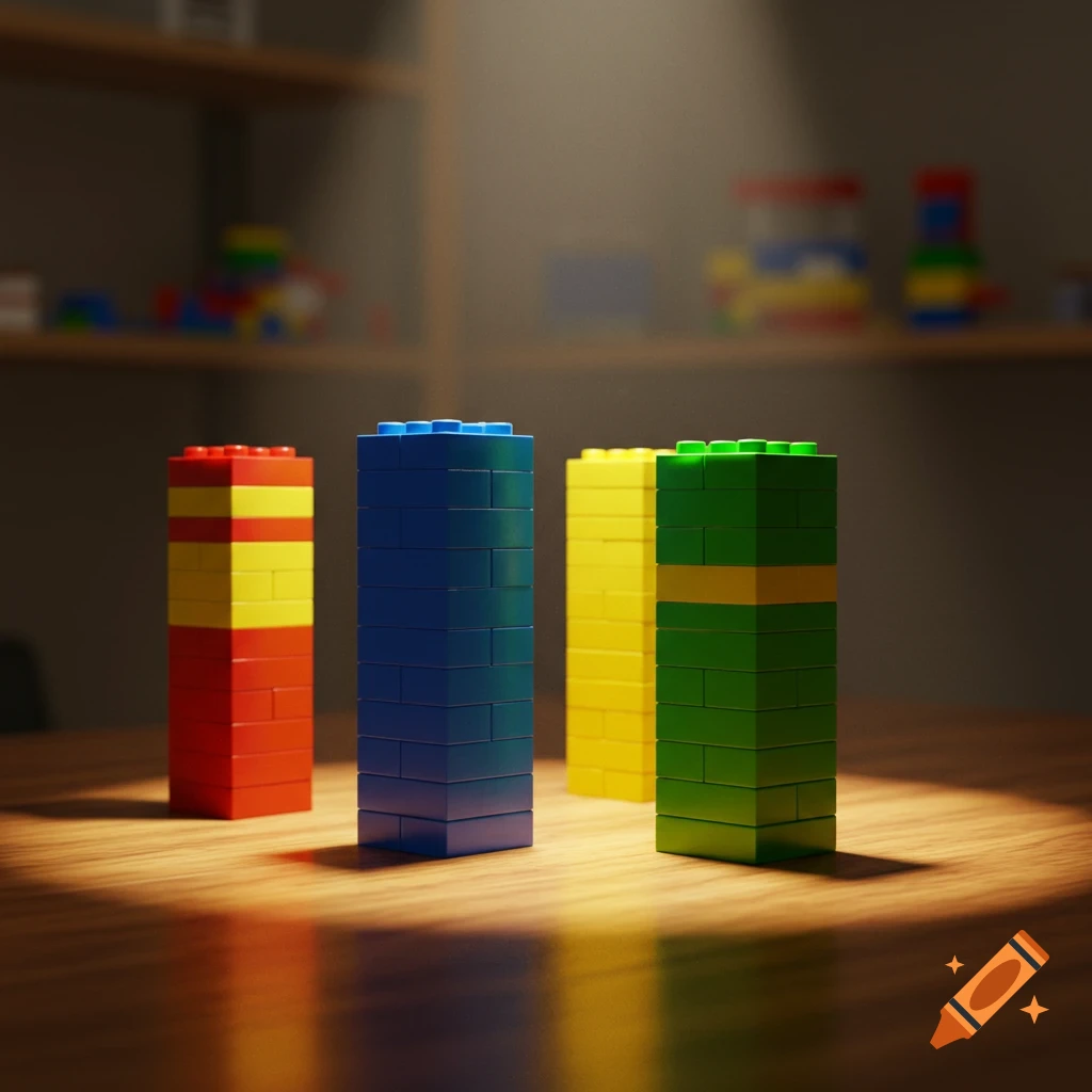 Four stacks of colorful Lego blocks on a wooden table, illuminated by a spotlight.