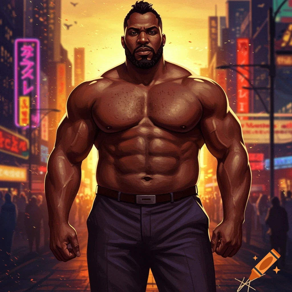 A heavily muscled Black man with a beard stands shirtless in a bustling, neon-lit city street at sunset, looking directly forward.