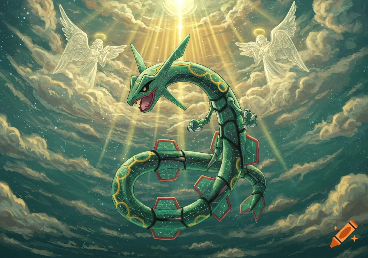 Green dragon-like Pok emon Rayquaza floats in a light-filled, cloudy sky with two angels and stars. Illustrated style.