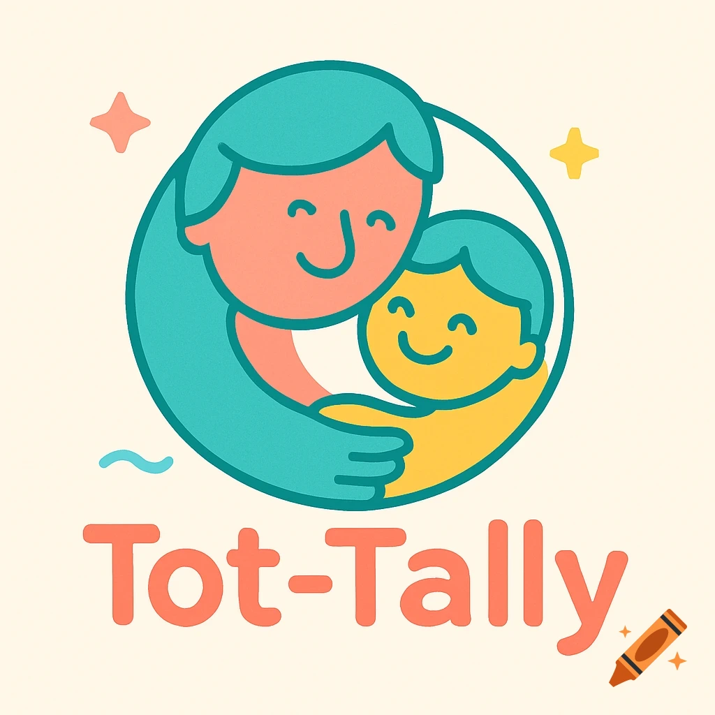 A stylized, minimalist logo showing a parent figure embracing a child within a circular frame, with the text "Tot-Tally" below.