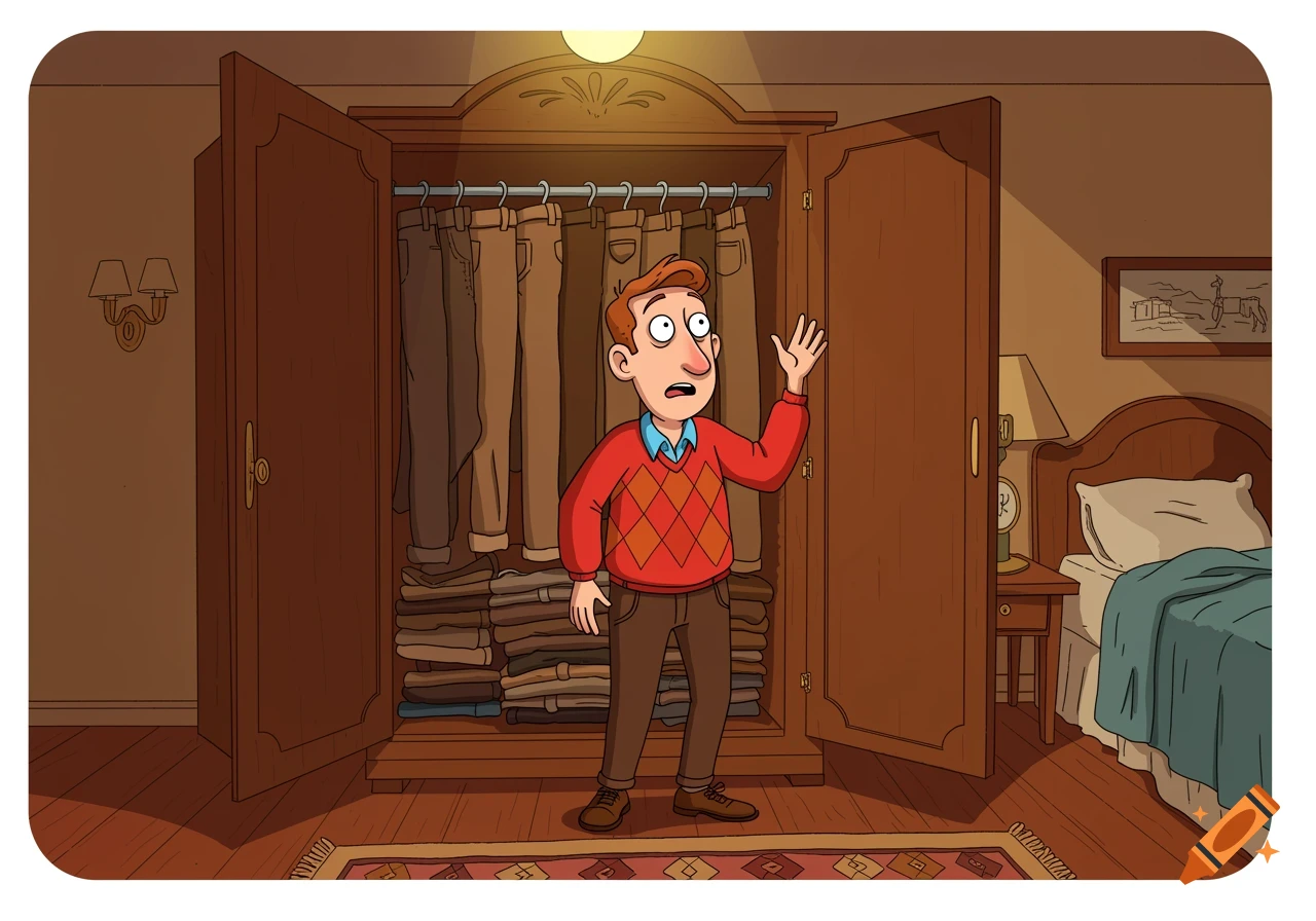 A cartoon man in a red argyle sweater stands in front of an open wardrobe full of trousers in a bedroom.