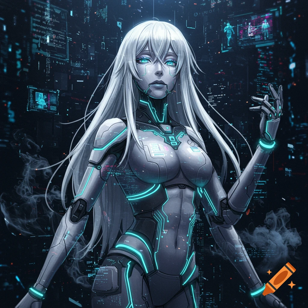 Anime-style female cyborg with white hair and glowing blue eyes, wearing detailed armor with luminous circuits, against a dark futuristic city background.