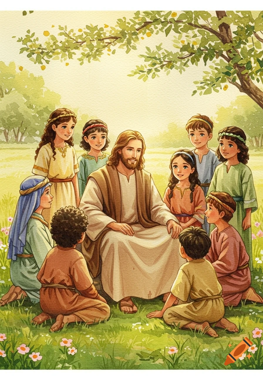 Watercolor illustration of Jesus sitting with a group of diverse children around him outdoors.