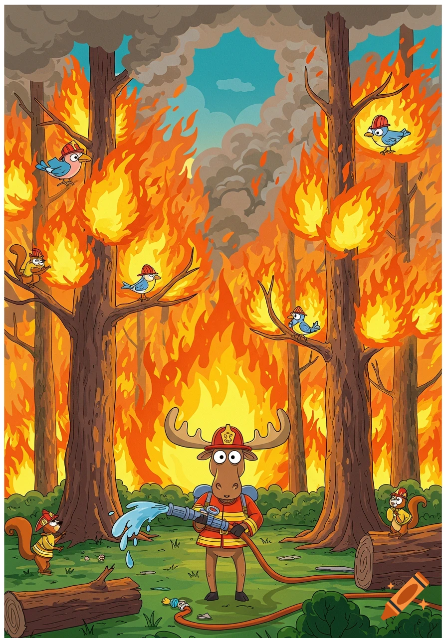 A cartoon moose in firefighter gear hoses down a burning forest, while squirrels and birds in helmets stand by amidst the flames and smoke.