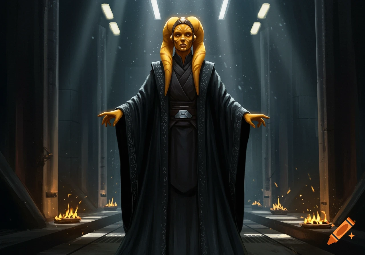 A Twi'lek character with yellow-tan skin and dark robes stands in a dark, atmospheric hall with small fires on the ground.