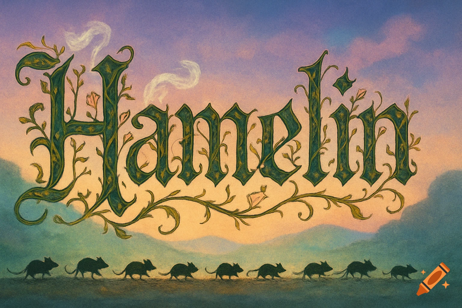 Stylized dark green text "Hamelin" with vines and flowers against a twilight sky, above a line of black mouse silhouettes on misty hills. Illustrative style.