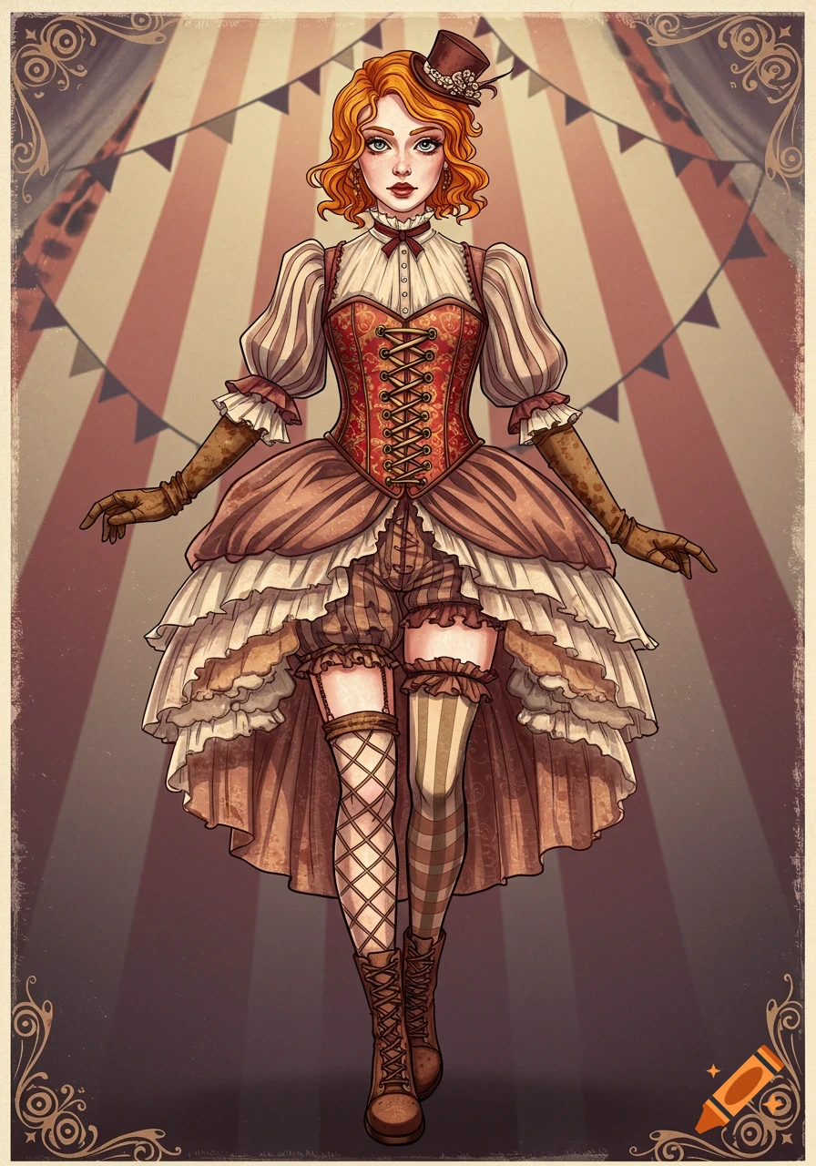 Illustration of a woman in an ornate Victorian circus-style costume with a corset, ruffled skirt, striped stockings, and mini top hat.