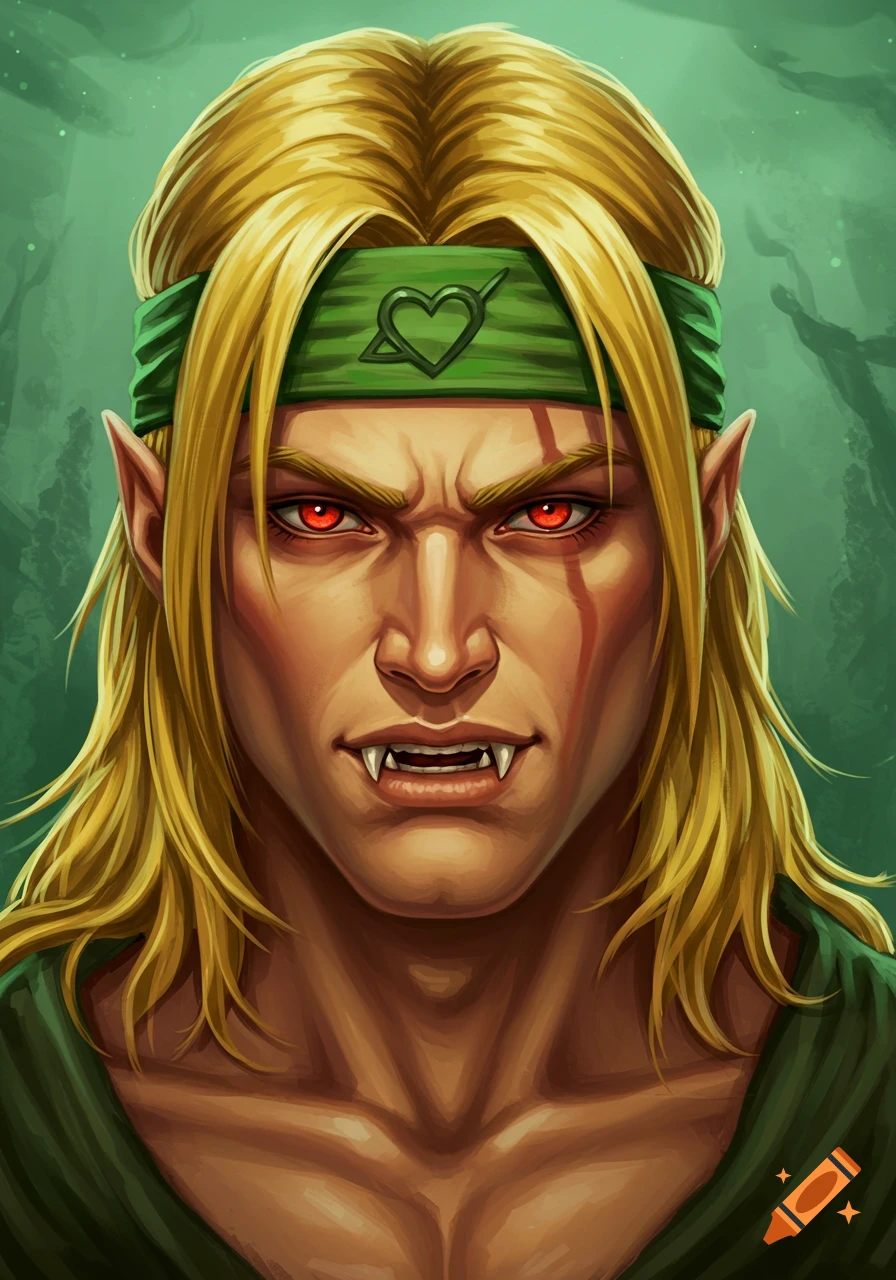 Close-up portrait of an angry blond man with pointed ears, red eyes, and fangs, wearing a green headband with a heart symbol.