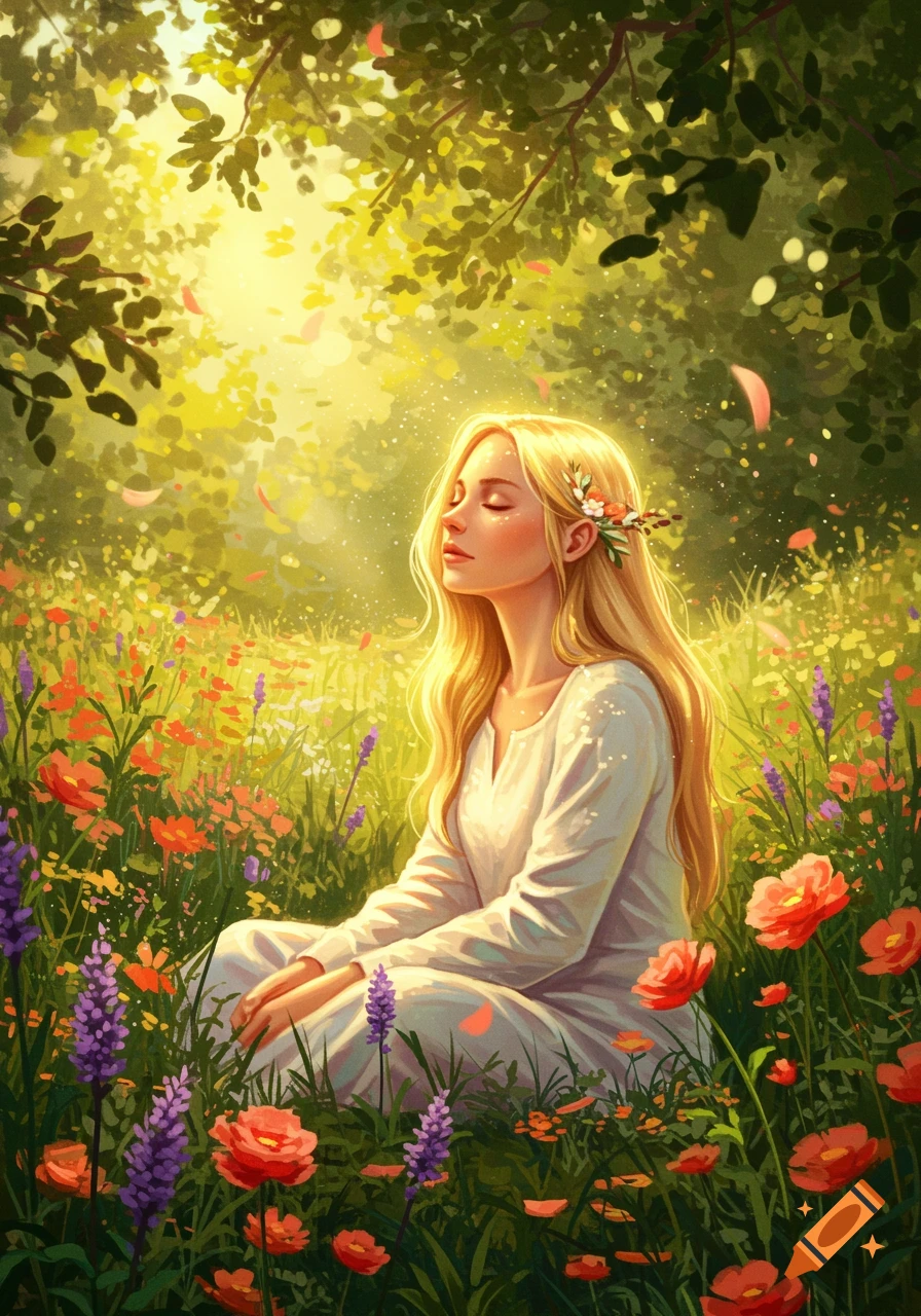 A blonde woman in a white dress sits meditating in a vibrant flower field under a sunlit tree canopy, illustrated in a painterly style.