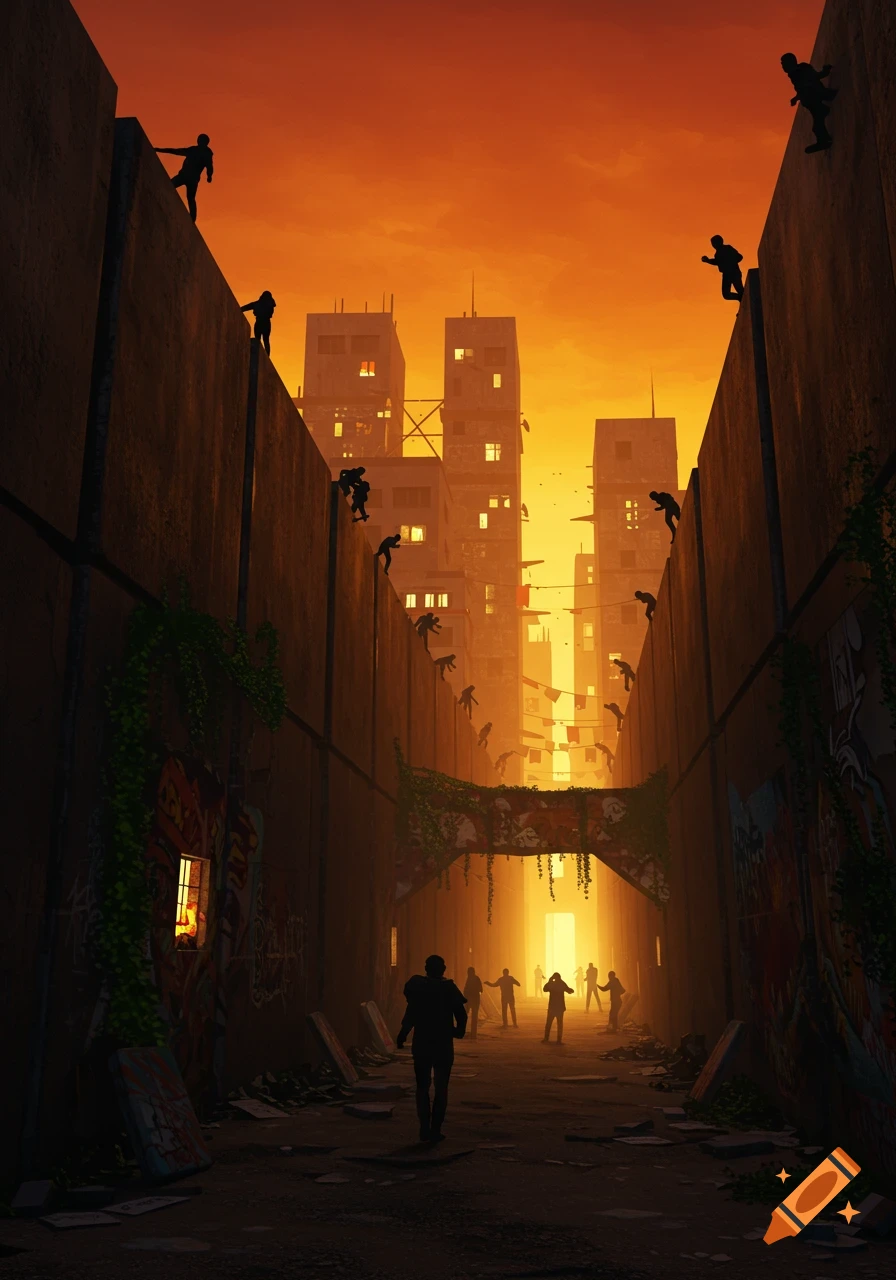Silhouetted figures climb and stand on tall, grimy city walls and a main figure walks down a dark alley towards a bright, distant light under an orange sky.