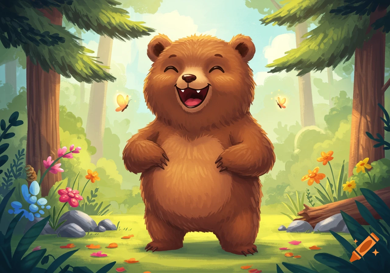 A cute, fuzzy brown cartoon bear with a happy, laughing expression stands in a vibrant green forest with flowers and trees.