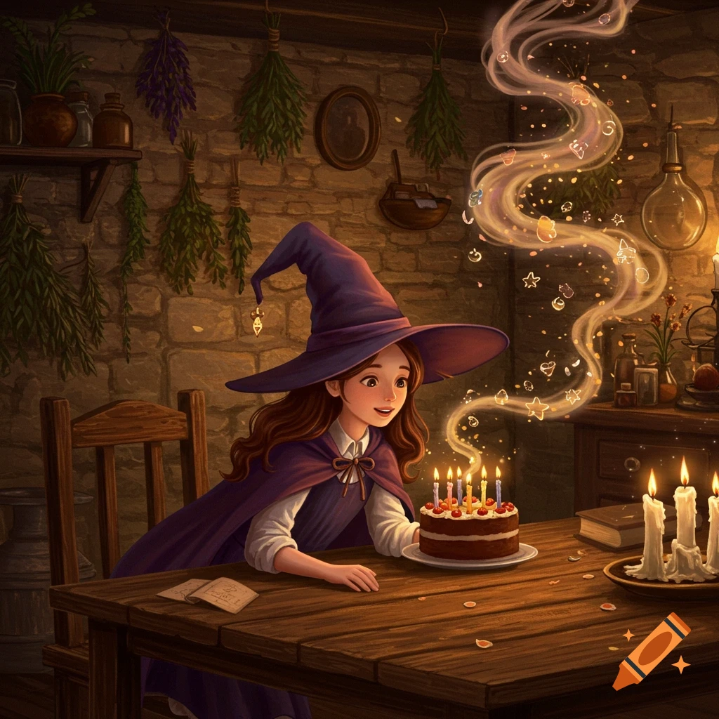 A young witch with a purple hat and cape smiles at a chocolate birthday cake with lit candles, magical swirls rising from it in a rustic room.