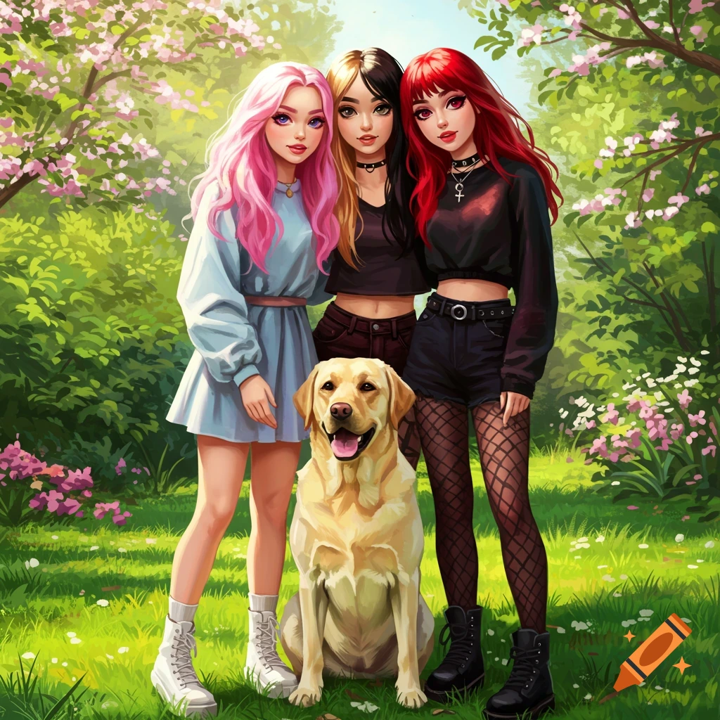 Three anime-style girls with pink, blonde, and red hair stand with a yellow Labrador dog in a vibrant green park with pink blossoms.