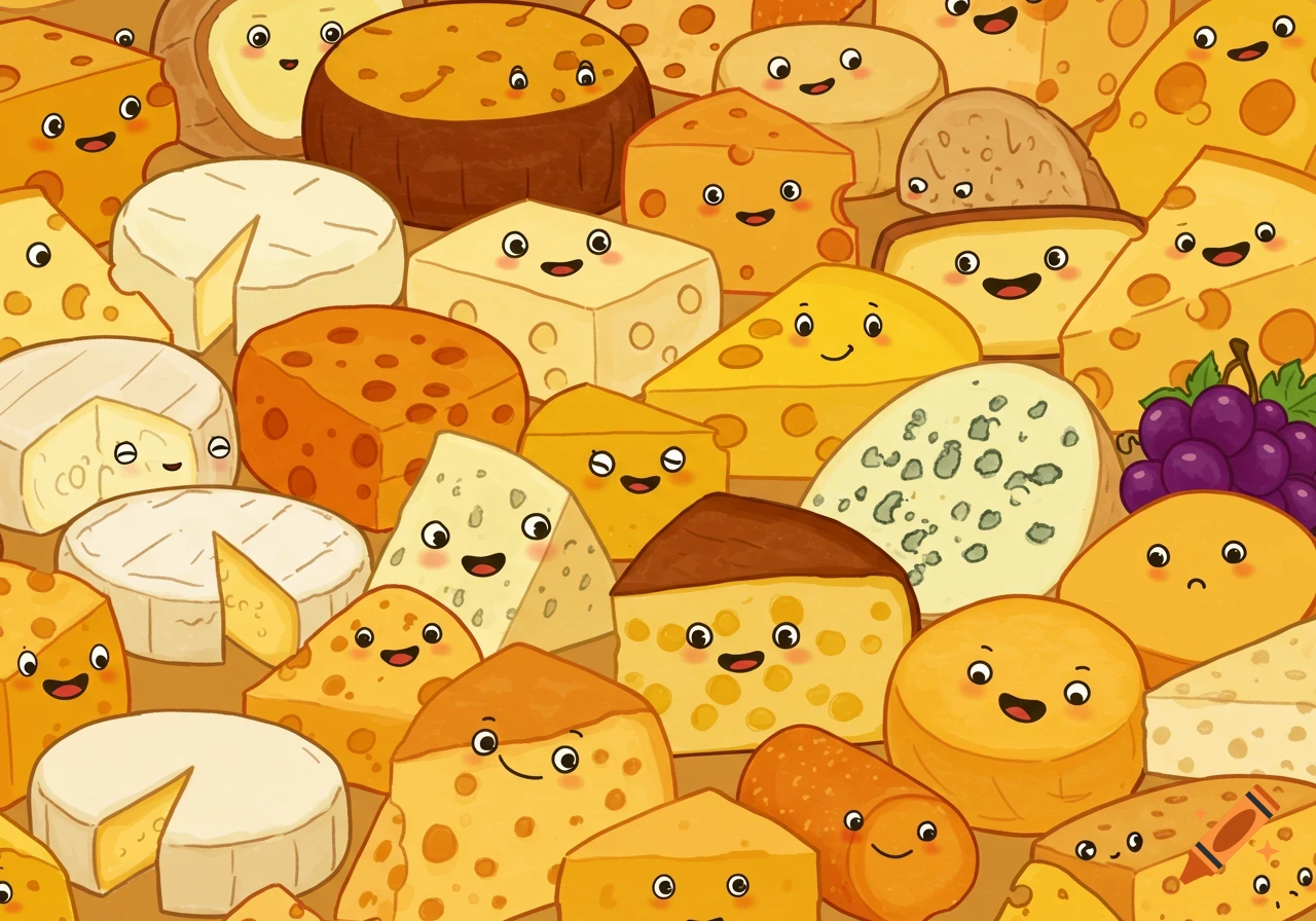 A cartoon pattern of various types of cheese, each with a happy face, including wedges, wheels, and blocks.