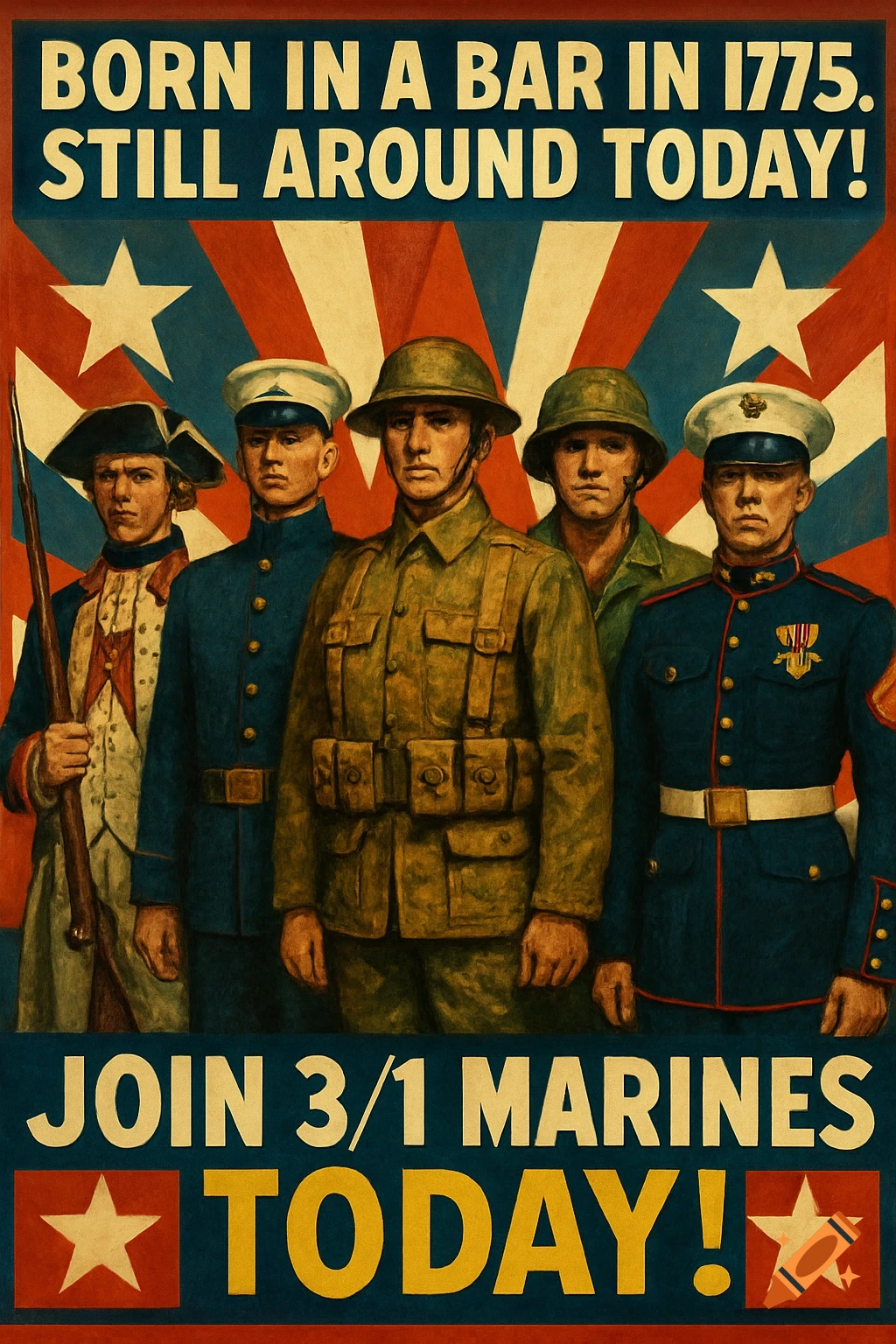 Vintage-style propaganda poster depicting five Marines in historical uniforms, with text promoting the 3/1 Marines.