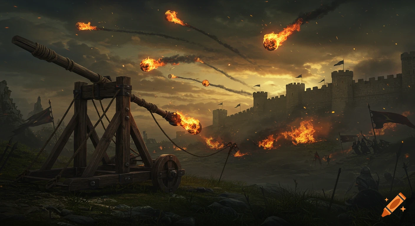 A medieval catapult launches flaming projectiles towards a stone fortress at sunset, depicting a dramatic siege.