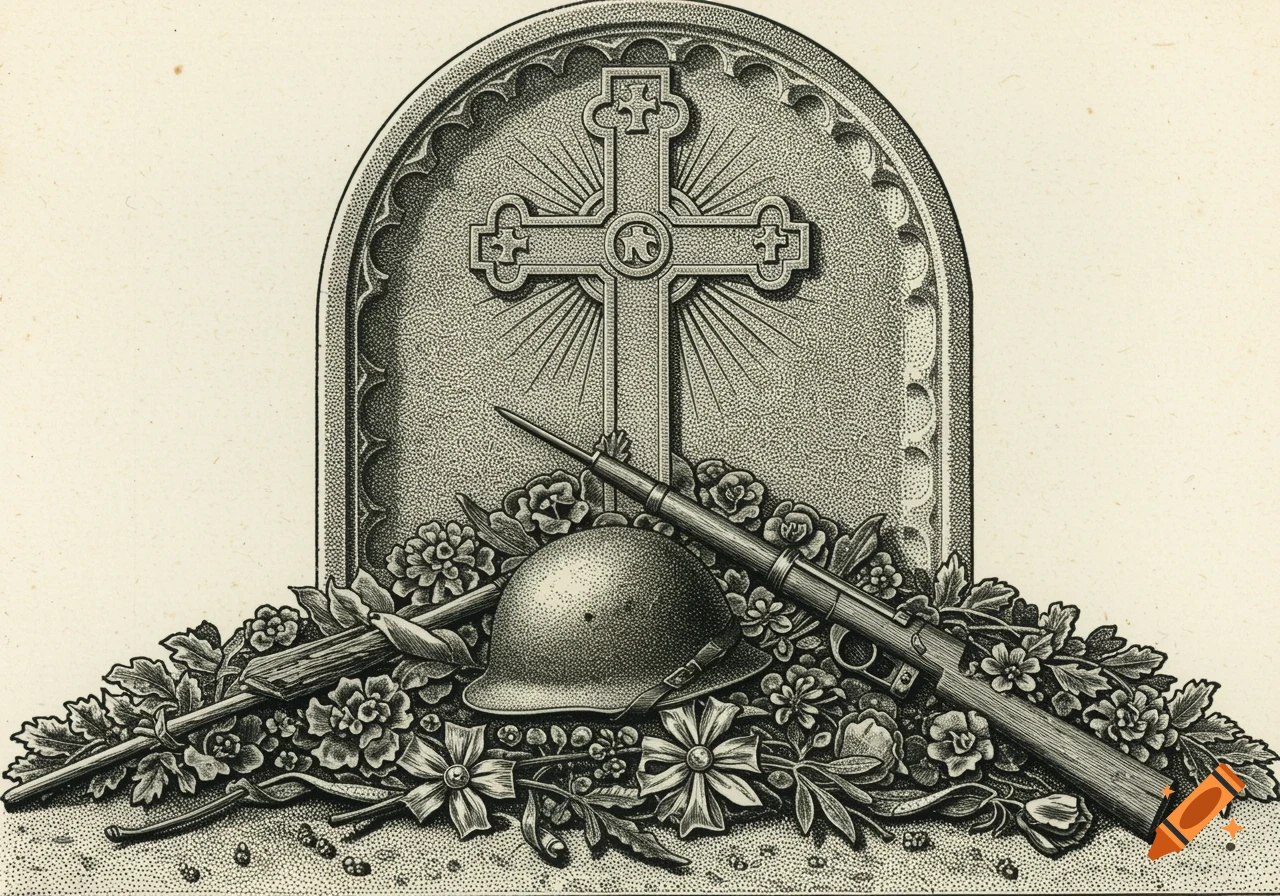 A black and white vintage engraving of a cross on a memorial plaque, a soldier's helmet, rifle, and flowers.
