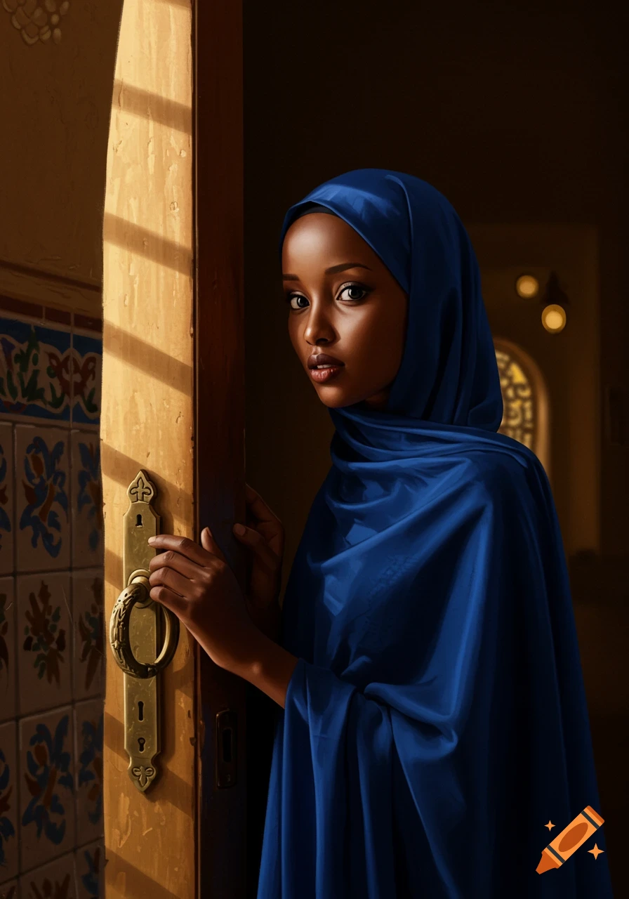 Photorealistic portrait of a woman in a blue hijab standing by a wooden door with tiled walls, sunlight streaming in.