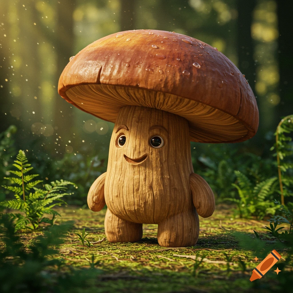 A cute, smiling mushroom character with a wooden body and a brown cap stands in a sunlit forest.